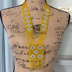 Gorgeous Handcrafted Beaded Necklace in Mustard and White
